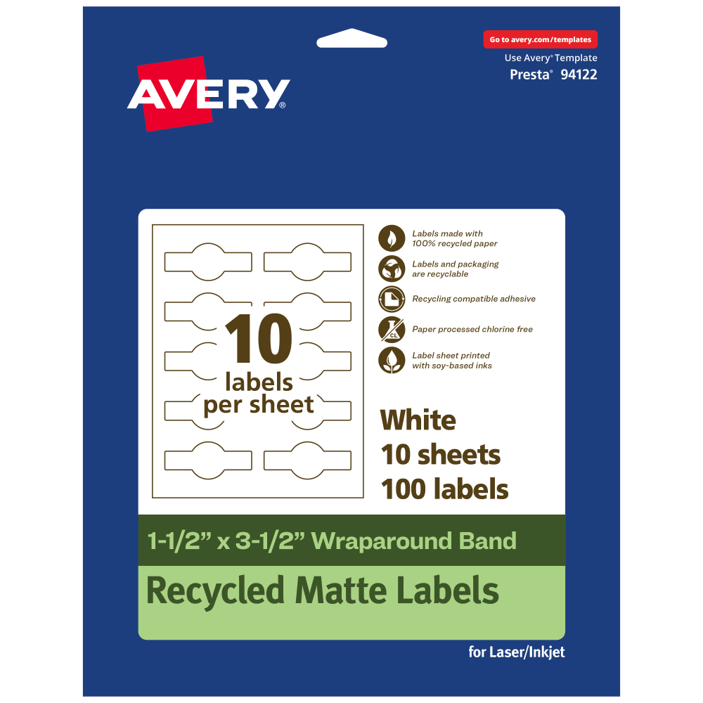 Avery Recycled Paper Labels, 94122-EWMP10, Cigar, 1-1/2in x 3-1/2in, White, Pack Of 100