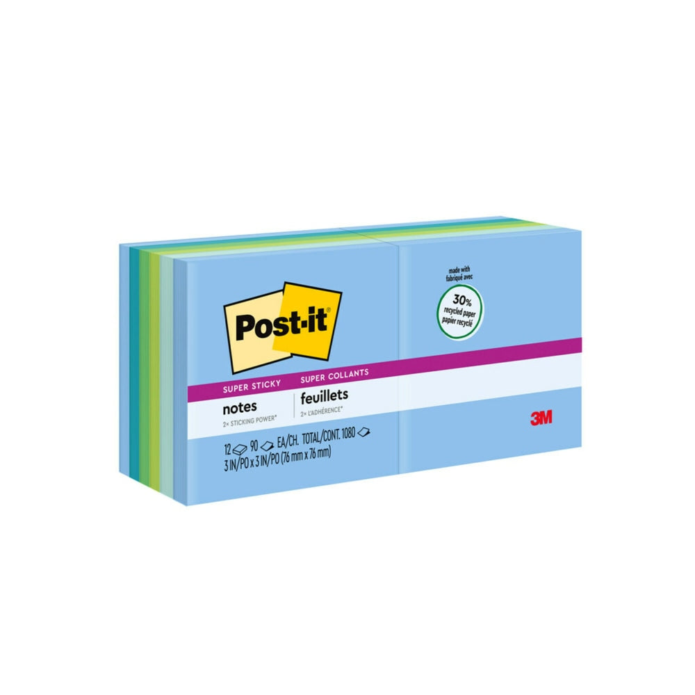 Post-it Recycled Super Sticky Notes, 12 Pads, 90 Sheets, 3 in x 3 in, 2x Sticking Power, School Supplies & Office Products - 65412SST