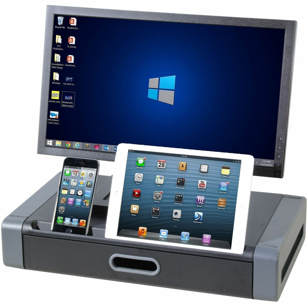 Kantek Monitor Riser with Drawer and Tablet/Smartphone Slot, 4inH x 19inW x 11inD, Polystyrene, Black, Gray