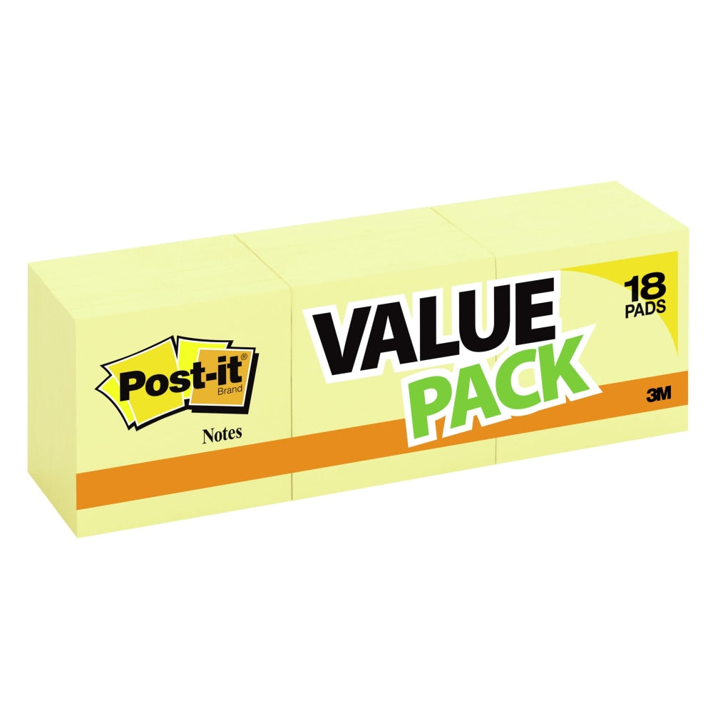 Post-it Notes, 3 x 3 in, 18 Sticky Note Pads, 100 Sheets/Pad, School Supplies and Office Products, Sticky Notes for Vertical Surfaces and Monitors