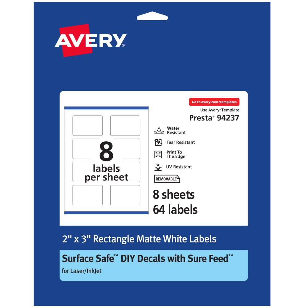 Avery Durable Removable Labels With Sure Feed, 94237-DRF8, Rectangle, 2in x 3in, White, Pack Of 64