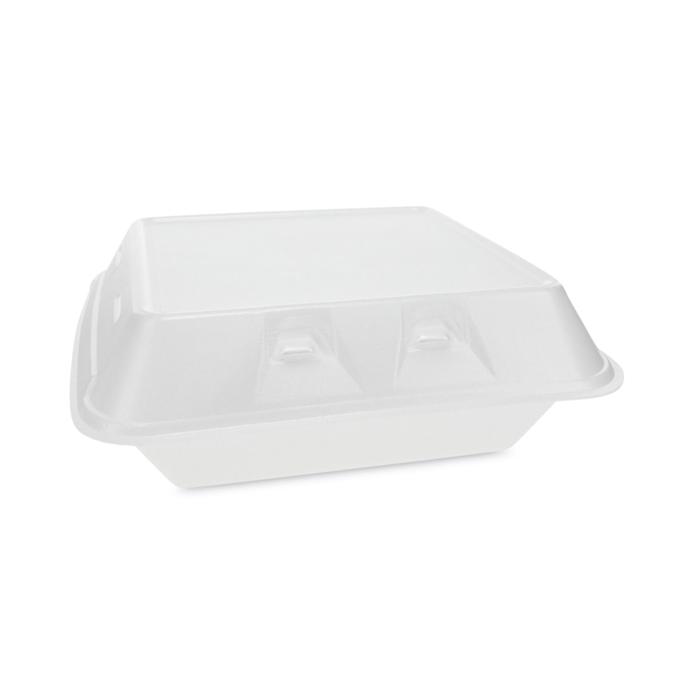 Pactiv Evergreen SmartLock Vented Foam Hinged Lid Containers, 3-Compartment, 3-1/4inH x 9inW x 9-1/4inD, White, Carton Of 150 Containers