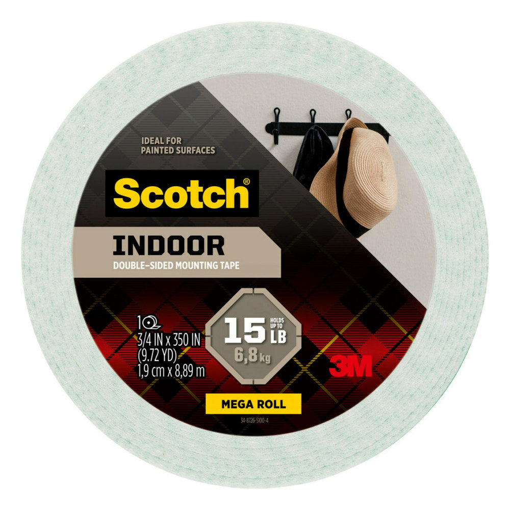 Scotch Indoor Double-Sided Mounting Tape, .75 x 350 in, 1 White Tape Roll, Holds up to 15 lbs, Industrial Strength Adhesive, Multi-Surface Use