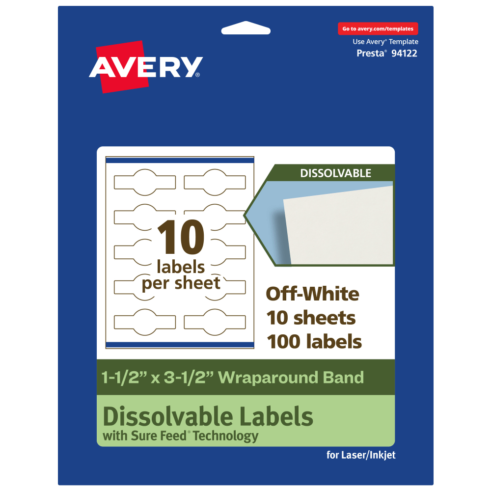Avery Print-to-the-Edge Dissolvable Labels With Sure Feed Technology, 94122-DWMP10, Cigar, 1-1/2inx3-1/2in, Matte Off-White, Pack Of 100