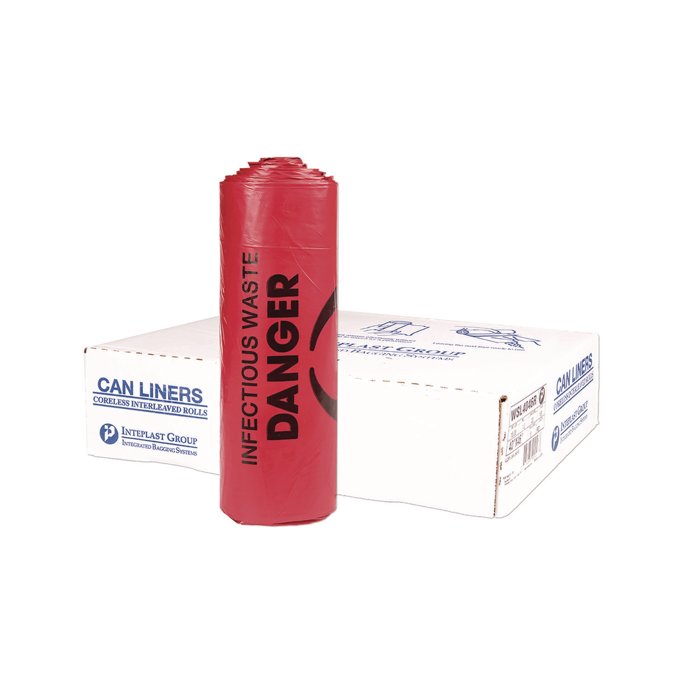 Interplast Group Institutional Low Density Can Liners, Infectious Waste Biohazard, 33 gal, 1.3 mil, 33 x 39, Red, Interleaved, 25/RL, 6 RL/CT