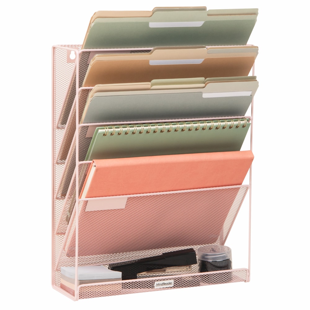 Mind Reader 5-Tier Vertical File Storage Basket, 16inH x 4in W x 12-3/4in D, Pink