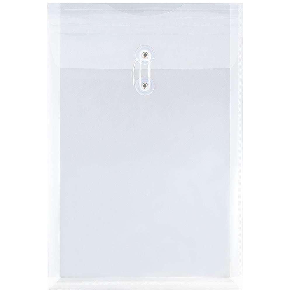 JAM Paper Open-End Plastic Envelopes, Legal-Size, 9 3/4in x 14 1/2in, Button & String Closure, Clear, Pack Of 12