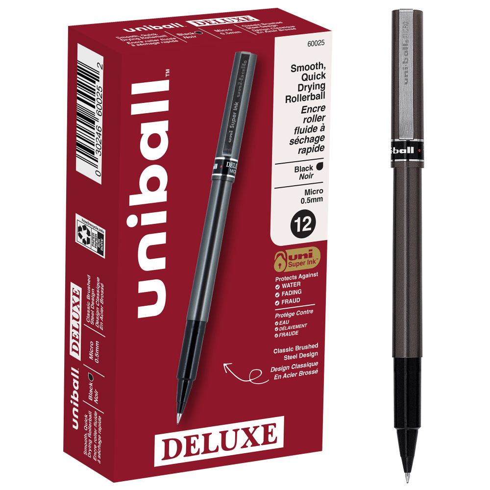 uni-ball Deluxe Rollerball Pens, Micro Point, 0.5 mm, Charcoal Barrel, Black Ink, Pack Of 12