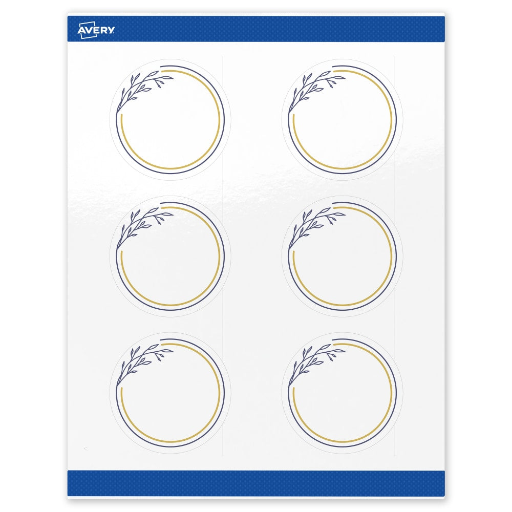 Avery Print-To-The-Edge Labels & Sure Feed, S00-DNG-PRWGP10, 3in Round, Glossy White, Preprinted Gold & Navy Border & Floral Design, Pack Of 60