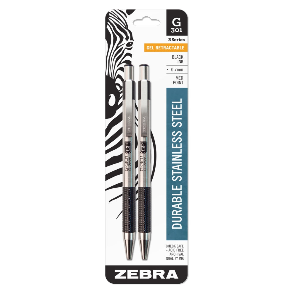 Zebra Pen G-301 Retractable Gel Pens, Pack Of 2, Medium Point, 0.7 mm, Silver Barrel, Black Ink