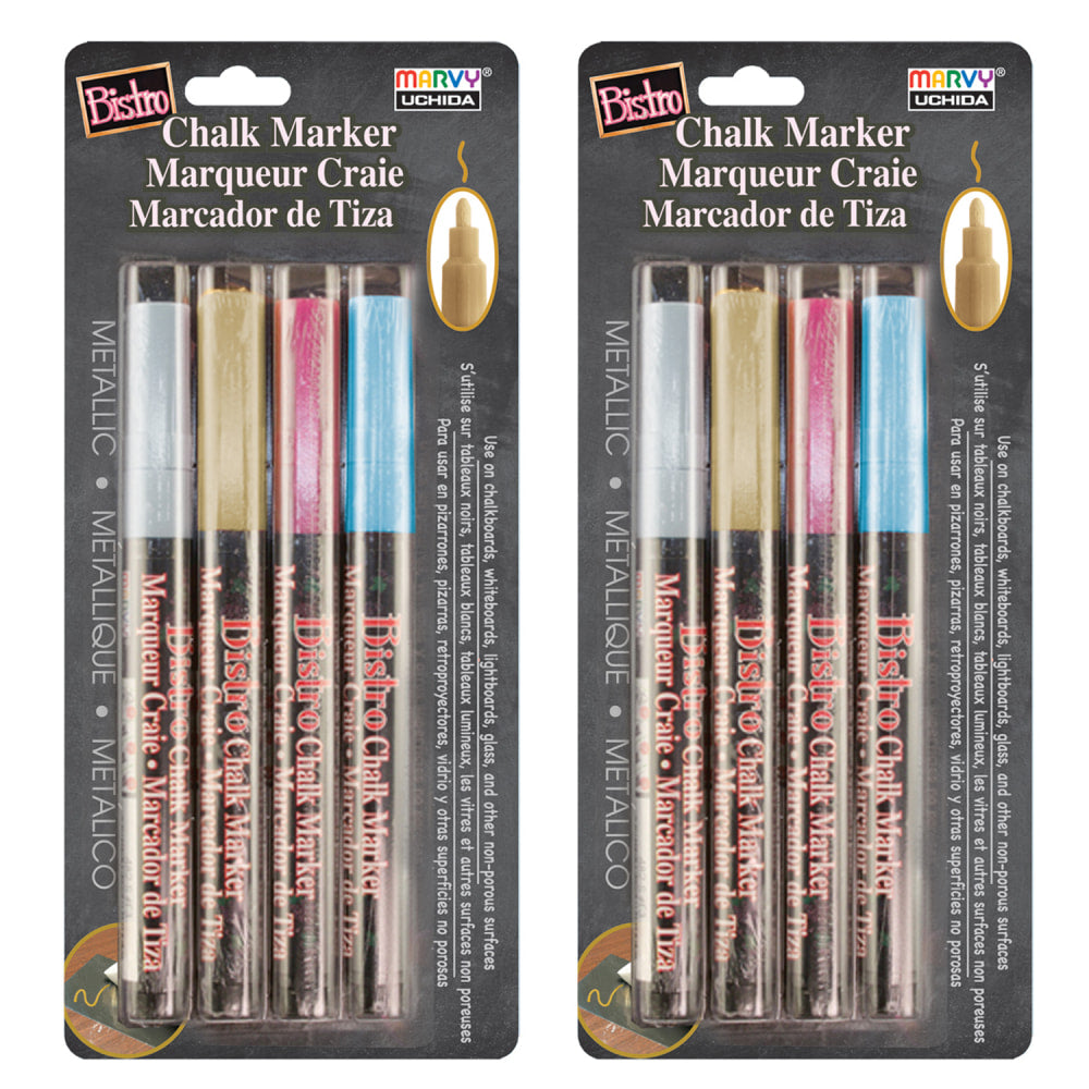 Marvy Uchida Bistro Chalk Markers, 8 Markers Total, Fine Tip, Metallic Colors, 4 Markers Per Pack, Set Of 2 Packs