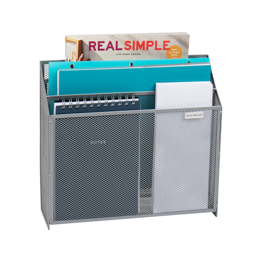 Mind Reader 3 Compartment Vertical File Storage, 11-1/2inH x 3-3/4inW x 12-1/2inD, Silver