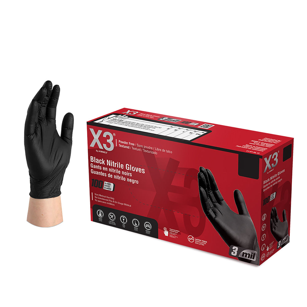 X3 Nitrile PF Gloves, Small, Black, Box of 100 Gloves