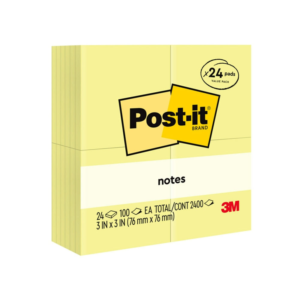 Post-it Notes, 3 x 3 in, 24 Bulk Sticky Note Pads, 100 Sheets/Pad, School Supplies and Office Products, The Iconic Canary Yellow Note, 65424VAD