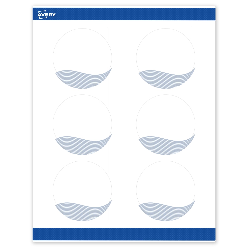 Avery Printable Labels With Sure Feed Technology, S00-EV1, Round, 3in, Matte White With Preprinted Blue Waves Design, Pack Of 60