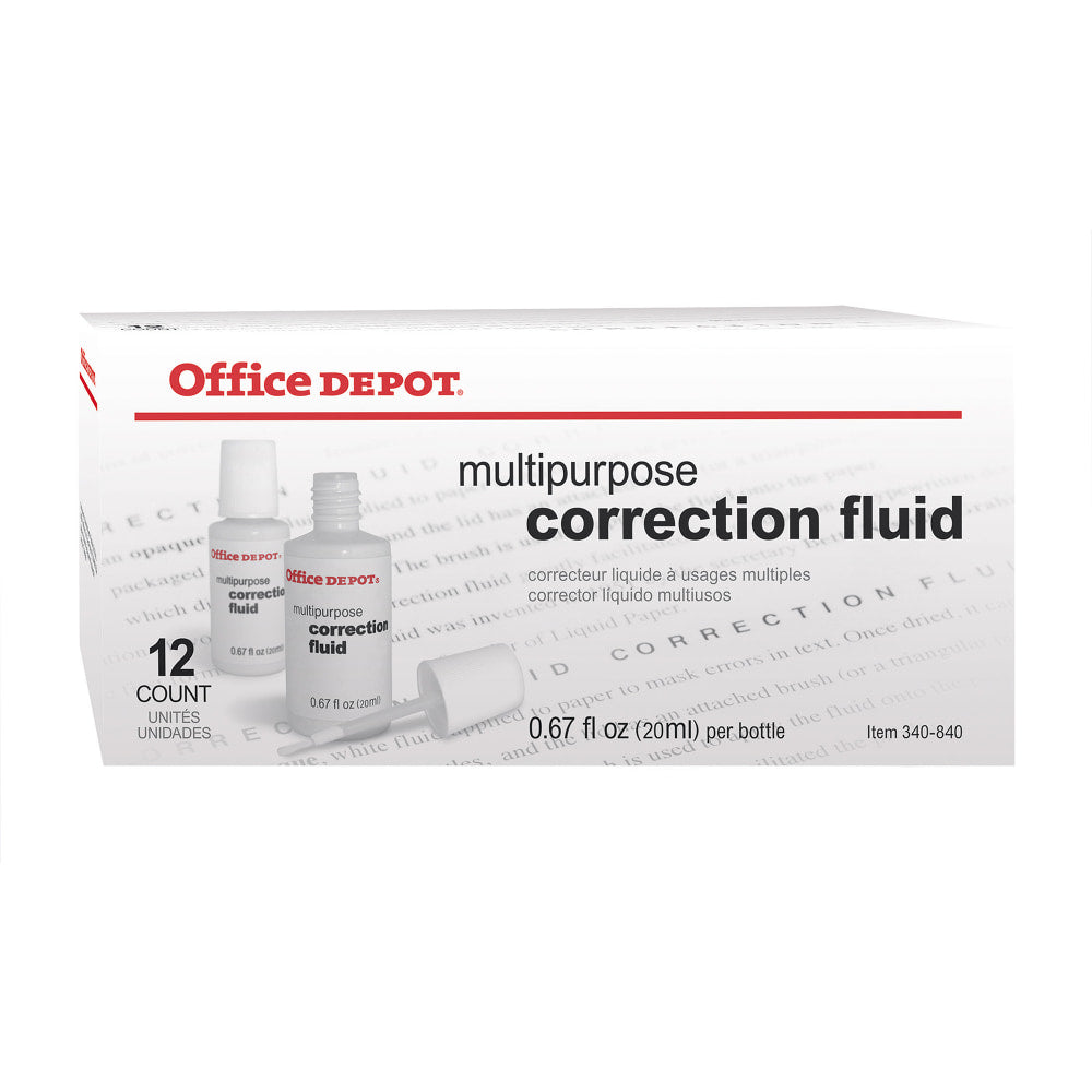 Office Depot Brand Correction Fluid, Multipurpose, 0.68 oz (20 mL), White, Pack Of 12