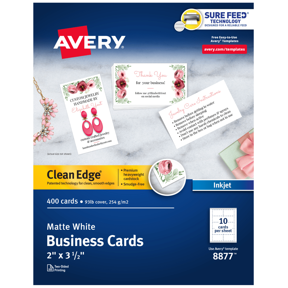 Avery Printable Clean Edge Business Cards With Sure Feed Technology For Inkjet Printers, 2in x 3-1/2in, White, Pack Of 400 Blank Cards
