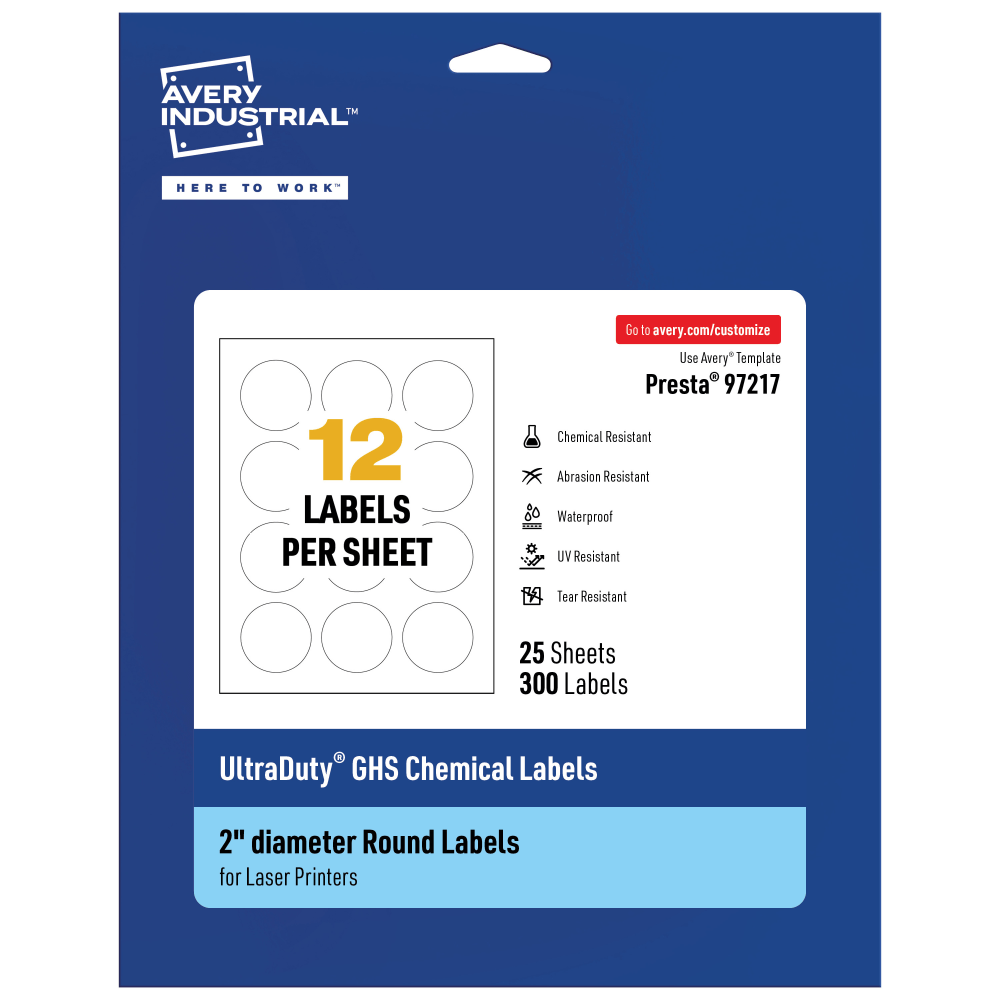 Avery Ultra Duty Permanent GHS Chemical Labels, 97217-WMU25, Round, 2in Diameter, White, Pack Of 300