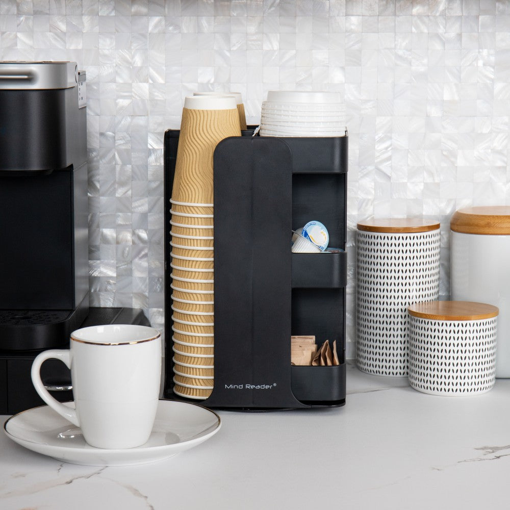 Mind Reader 8-Compartment Coffee Cup, Lid, & Condiment Carousel, Countertop Organizer, Breakroom, Black