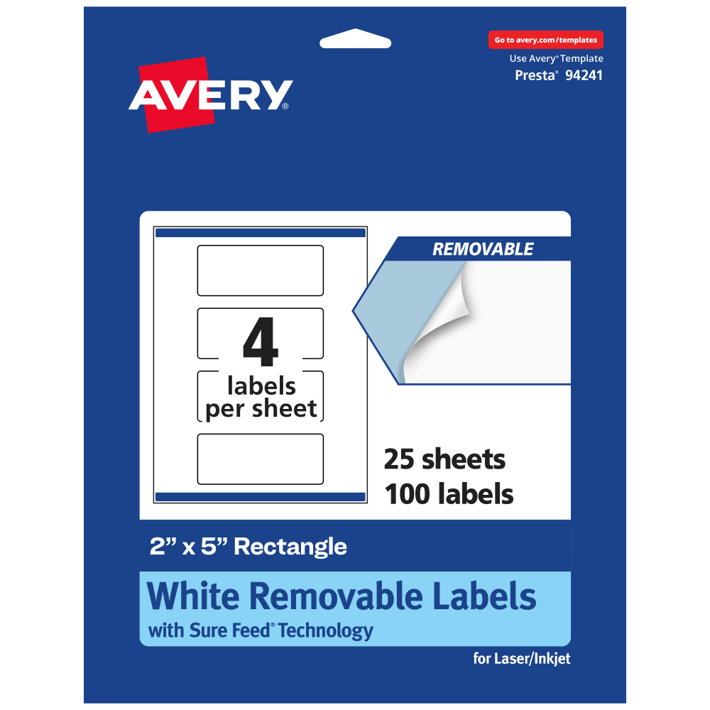 Avery Removable Labels With Sure Feed, 94241-RMP25, Rectangle, 2in x 5in, White, Pack Of 100 Labels