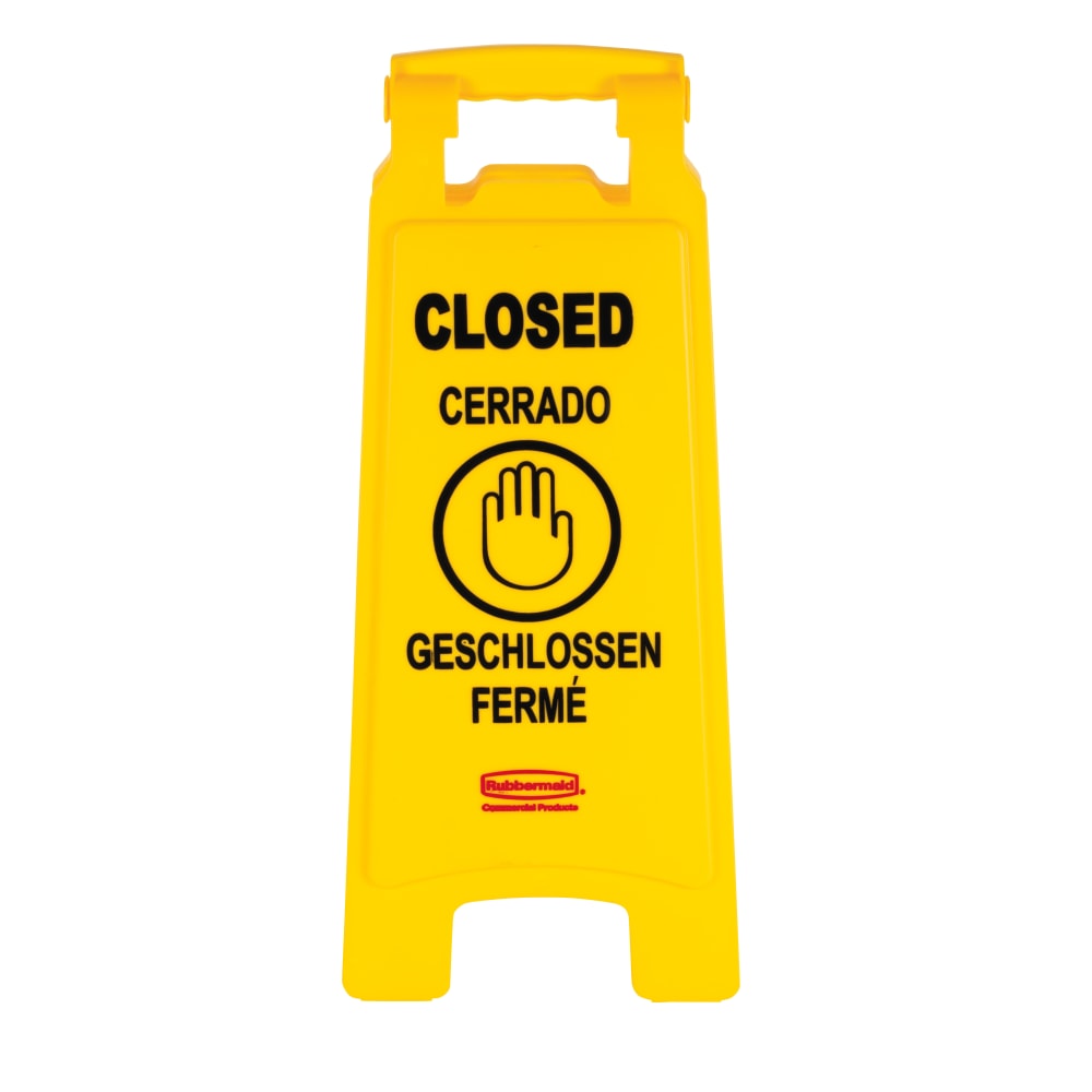 Rubbermaid Commercial Closed Multi-Lingual Floor Sign - CLOSED Print/Message - 11in x 25in - Rectangular Shape - Yellow