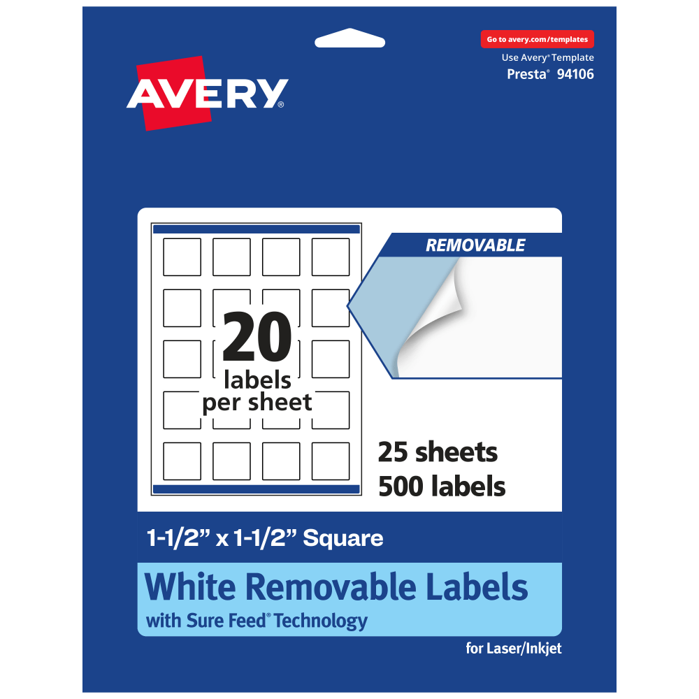 Avery Removable Labels With Sure Feed, 94106-RMP25, Square, 1-1/2in x 1-1/2in, White, Pack Of 500 Labels