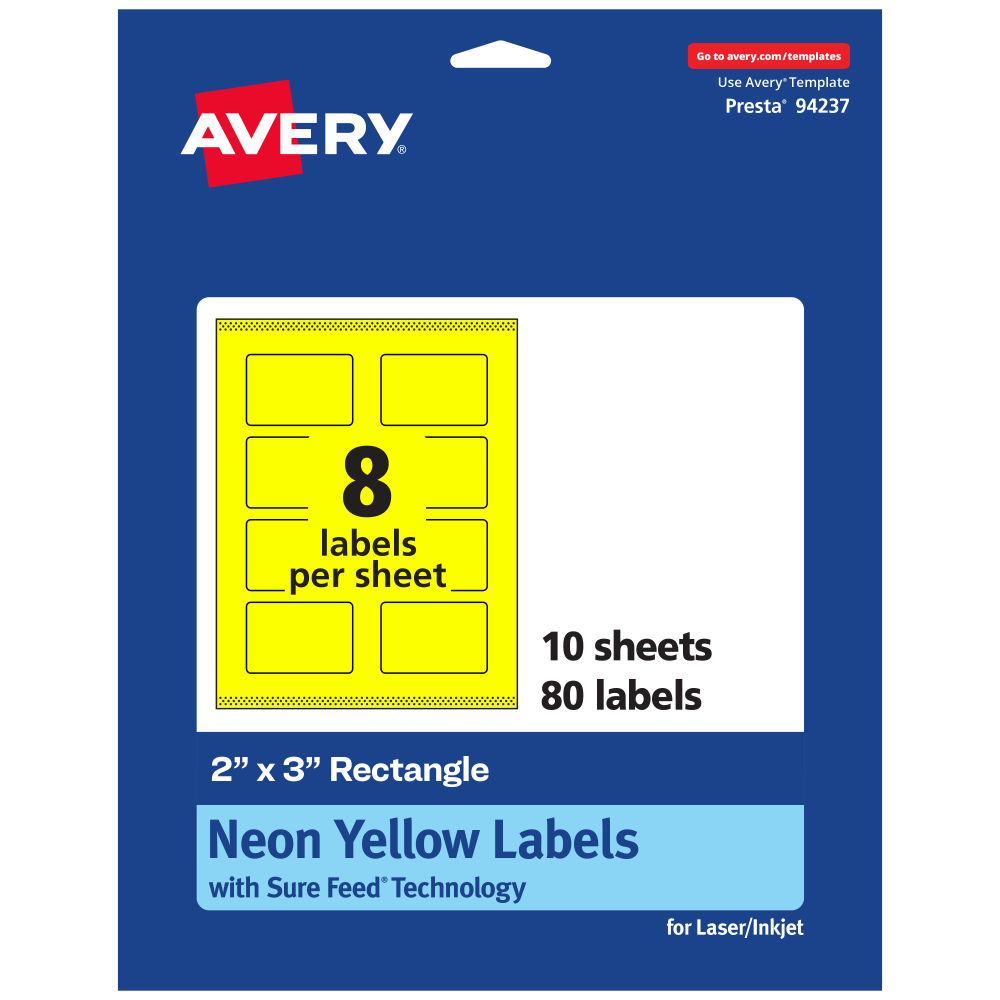 Avery Print-To-The-Edge Labels With Sure Feed Technology And Easy Peel, 94237-NYP10, Rectangle, 2in x 3in, Matte Neon Yellow, Pack of 80