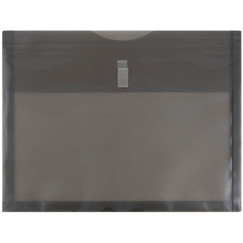 JAM Paper Plastic Booklet Expansion Envelopes, Letter-Size, 9 3/4in x 13in, Hook & Loop Closure, Smoke Gray, Pack Of 12