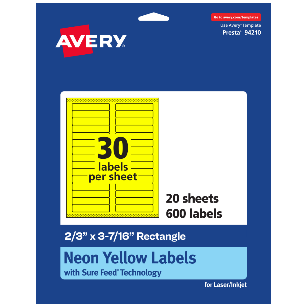 Avery Printable Labels With Sure Feed Technology, 94210-NYP20, Rectangle, 2/3in x 3-7/16in, Matte Neon Yellow, Pack of 600