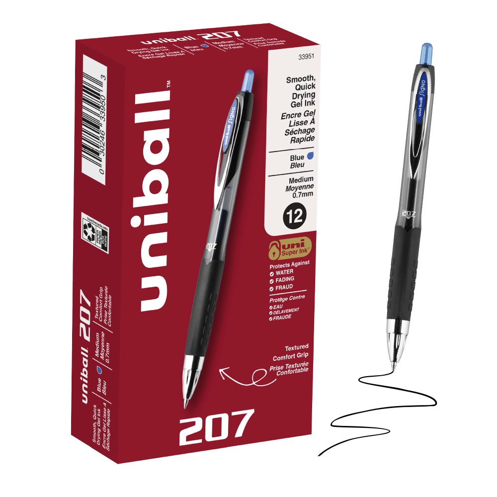 uniball 207 Retractable Gel Pens, 0.7mm Medium Point, Blue Ink, 12 Count