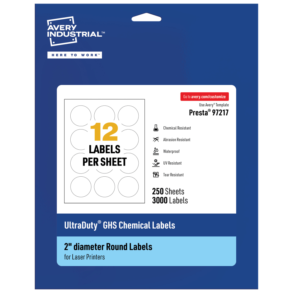 Avery Ultra Duty Permanent GHS Chemical Labels, 97217-WMU250, Round, 2in Diameter, White, Pack Of 3,000