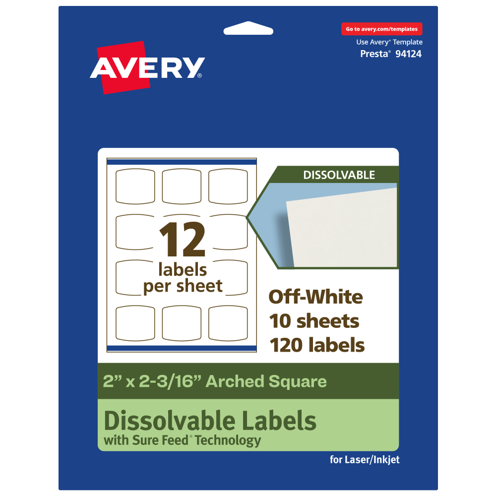 Avery Print-to-the-Edge Dissolvable Labels With Sure Feed Technology, 94124-DWMP10, Arched Square, 2inx2-3/16in, Matte Off-White, Pack Of 120