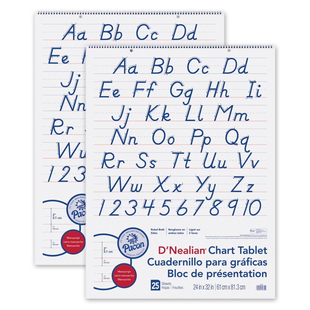 Pacon Chart Tablets, 24in x 32in, 2in Ruled, 25 Sheets, d-nealian Manuscript Cover, Pack Of 2 Tablets