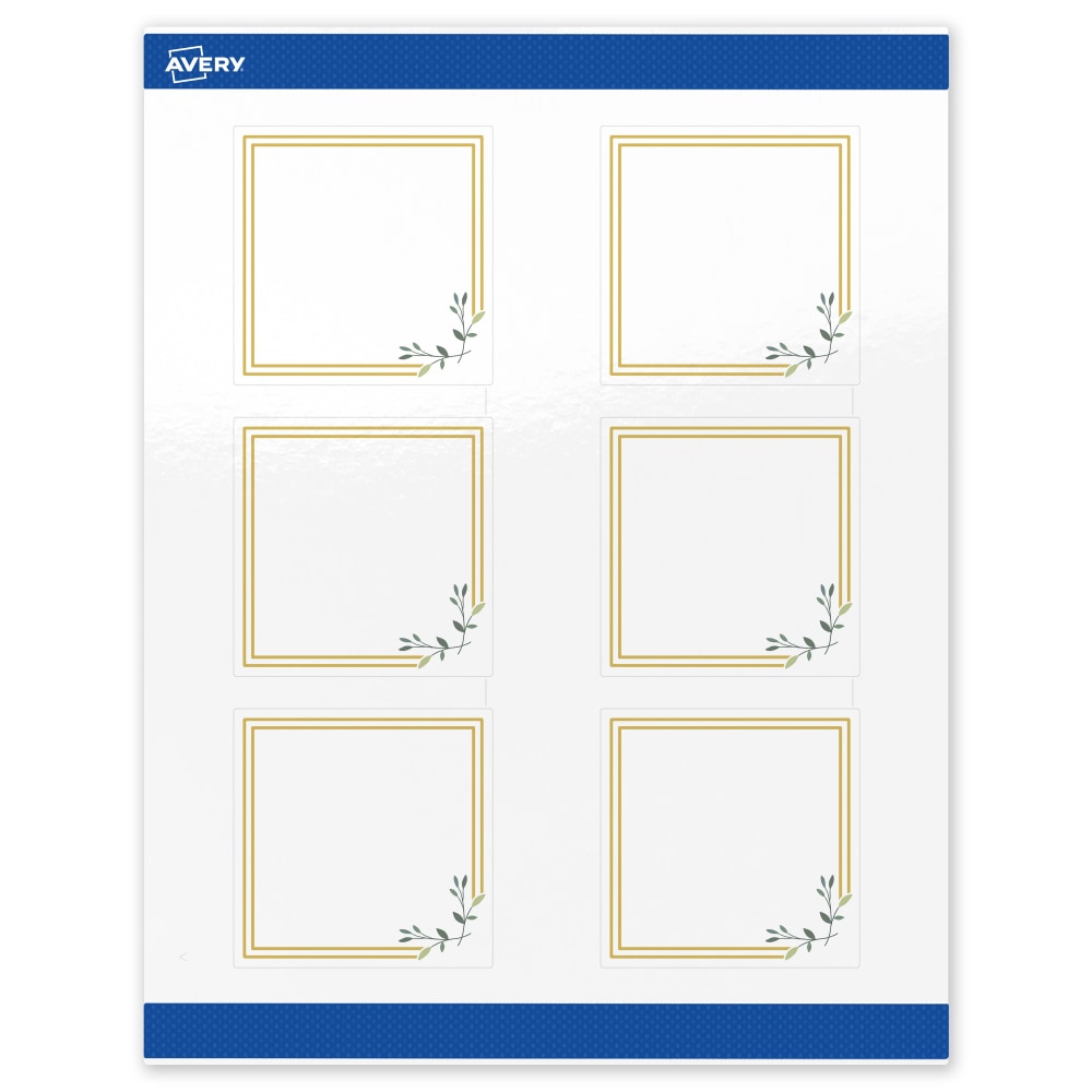 Avery Print-To-The-Edge Labels & Sure Feed, S00-DMT-PRWGP10, 3in x 3in, Glossy White, Preprinted Double Gold Border & Floral Design, Pack Of 60