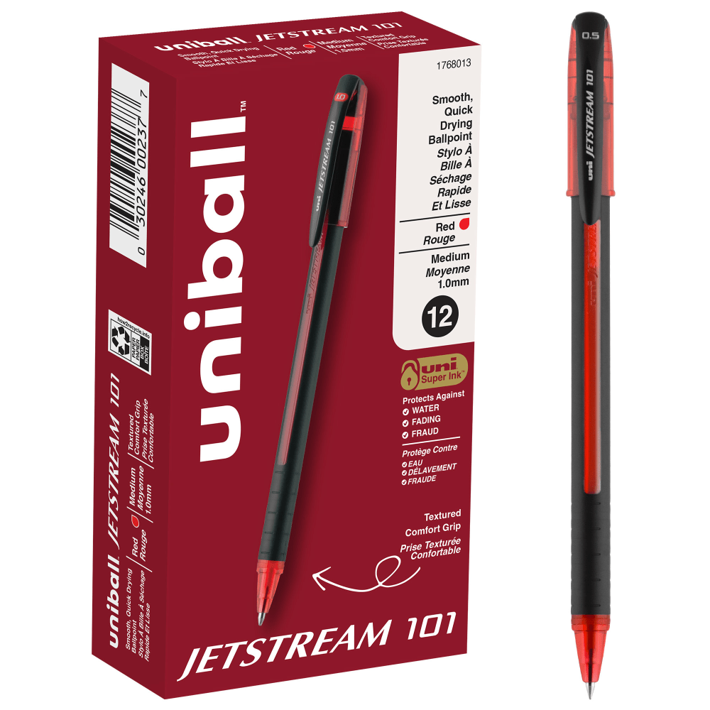 uni-ball Jetstream 101 Rollerball Pens, Medium Point, 1.0mm, Assorted Barrels, Red Ink, Pack Of 12