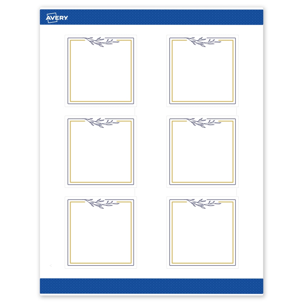 Avery Print-To-The-Edge Labels & Sure Feed, S00-DNJ-PRWMP10, 3in x 3in, Matte White, Preprinted Gold & Navy Border & Floral Design, Pack Of 60