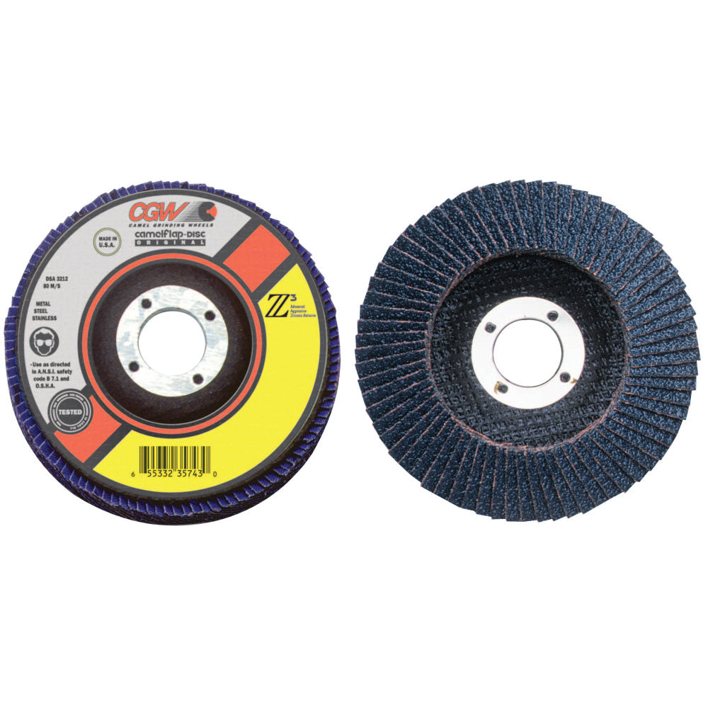CGW Abrasives Flap Discs, Z3 -100% Zirconia, Regular, 6in, 36 Grit, 7/8 Arbor, 10,200 rpm, T27