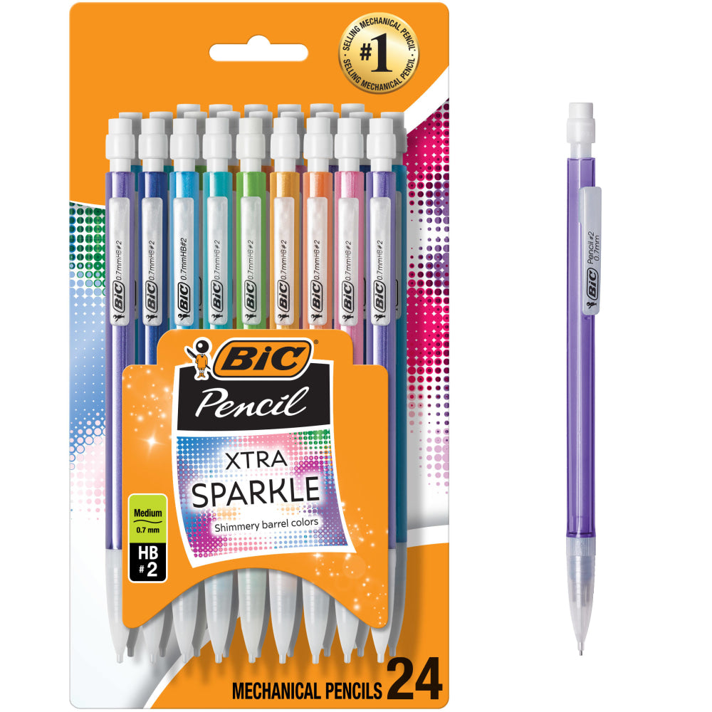 BIC Xtra Sparkle Mechanical Pencils, 0.7mm, #2 Lead, Assorted Barrel Color, Pack Of 24