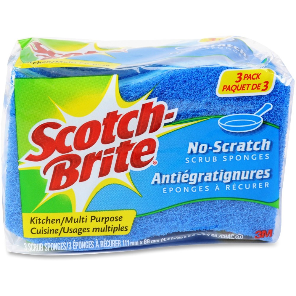 Scotch-Brite No Scratch Scrub Sponges, 2.8inH x 4.5inW x 4.5inL x 590 mil Thickness, 3 Pack, 8 / Carton, Blue