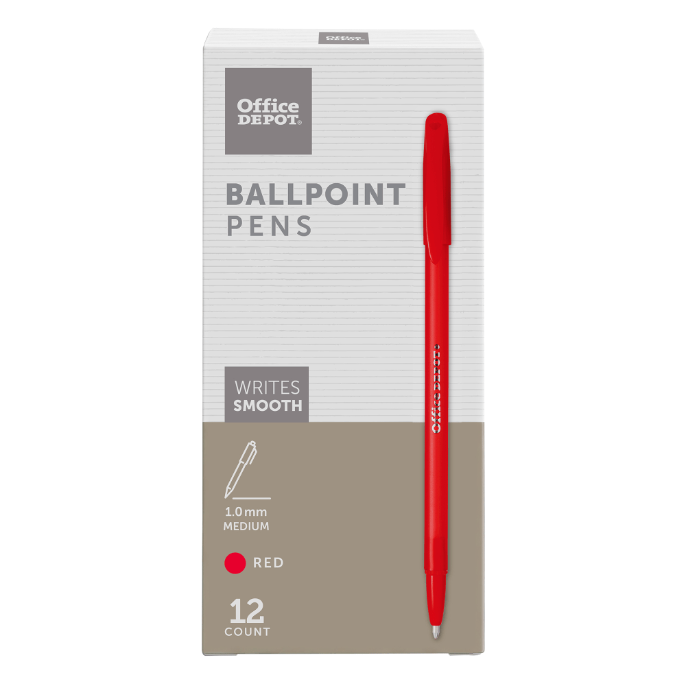 Office Depot Brand Ballpoint Stick Pens, Medium Point, 1.0 mm, Red Barrel, Red Ink, Pack Of 12