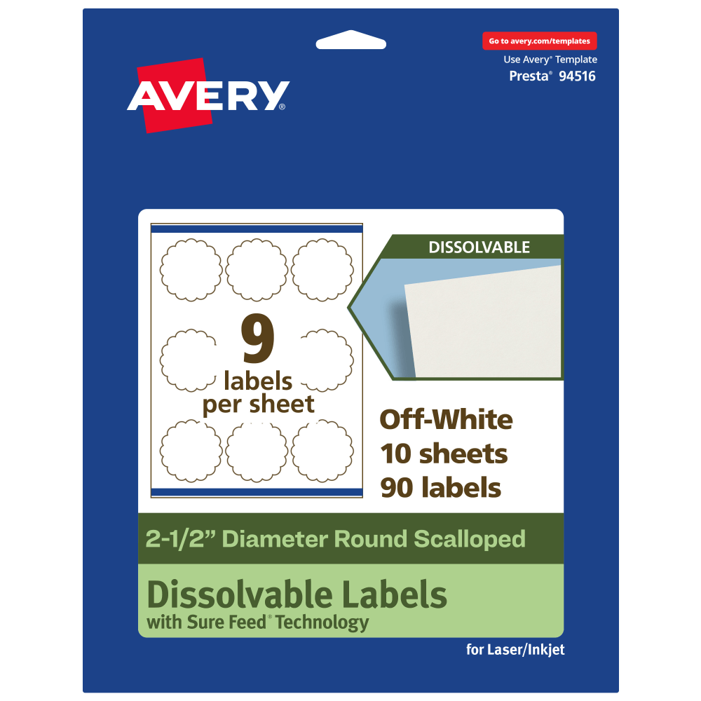 Avery Print-to-the-Edge Dissolvable Labels With Sure Feed Technology, 94516-DWMP10, Round Scalloped, 2-1/2in, Matte Off-White, Pack Of 90