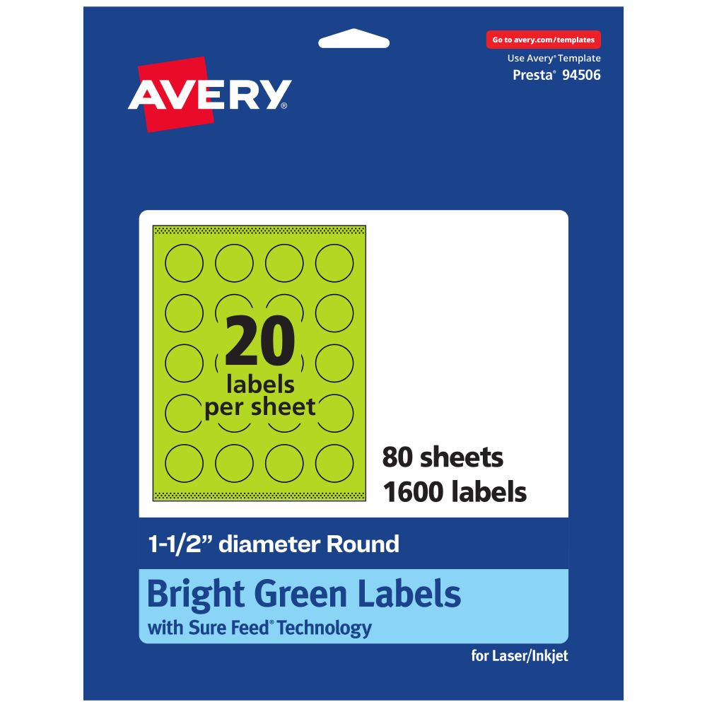 Avery Print-To-The-Edge Labels With Sure Feed Technology And Easy Peel Label Feature, 94506-BGP80, Round, 1-1/2in, Matte Bright Green, Pack of 1600