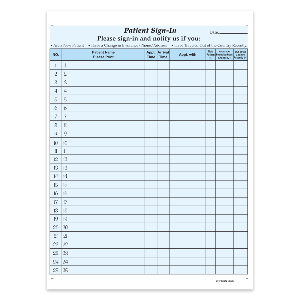 HIPAA Compliant Patient/Visitor Privacy 2-Part Sign-In Sheets, With Out-Of-Country Box, 8-1/2in x 11in, Blue, Pack Of 1,000 Sheets