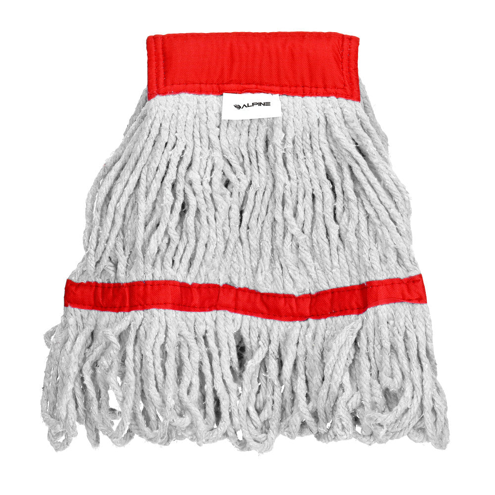 Alpine Industries Cotton Loop-End Mop Heads With 5in Head And Tail Bands, 16 Oz, White/Red, Set Of 12 Heads
