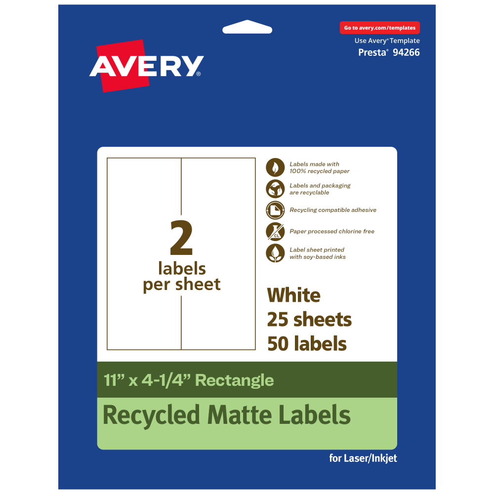 Avery Recycled Paper Labels, 94266-EWMP25, Rectangle, 11in x 4-1/4in, White, Pack Of 50