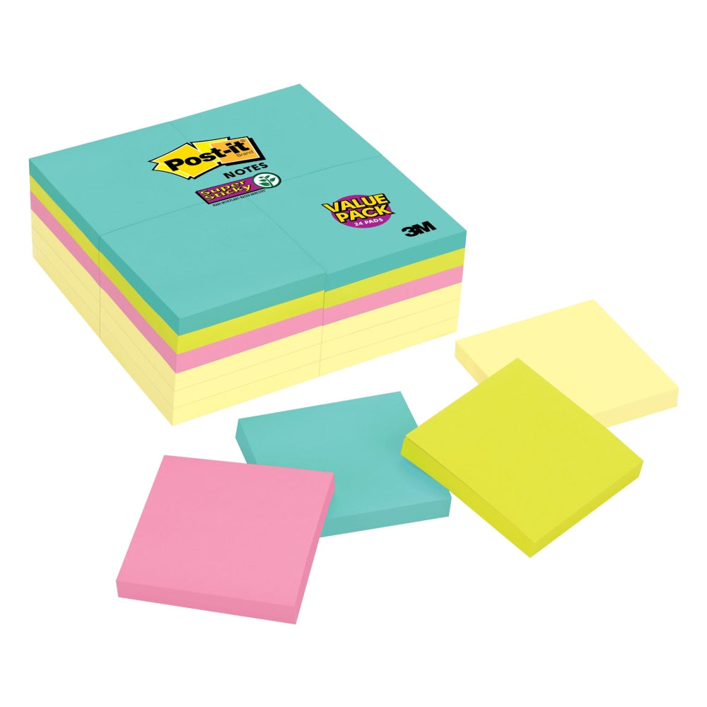 Post-it Super Sticky Notes, 3 x 3 in, 24 Bulk Sticky Note Pads, 90 Sheets/Pad, 2X the Sticking Power, School and Office Supplies, Supernova Neons