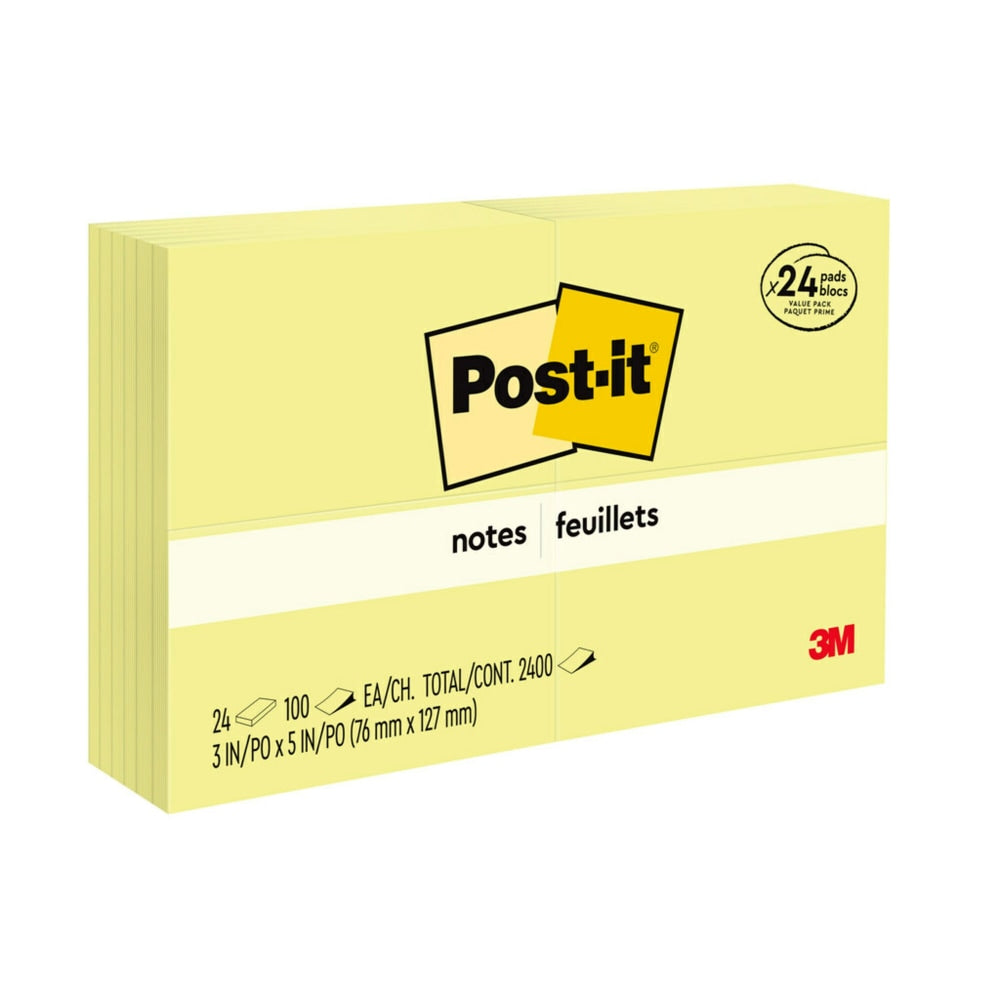 Post-it Notes, 3 x 5 in, 24 Bulk Sticky Note Pads, 100 Sheets/Pad, School Supplies and Office Products, The Iconic Canary Yellow Note