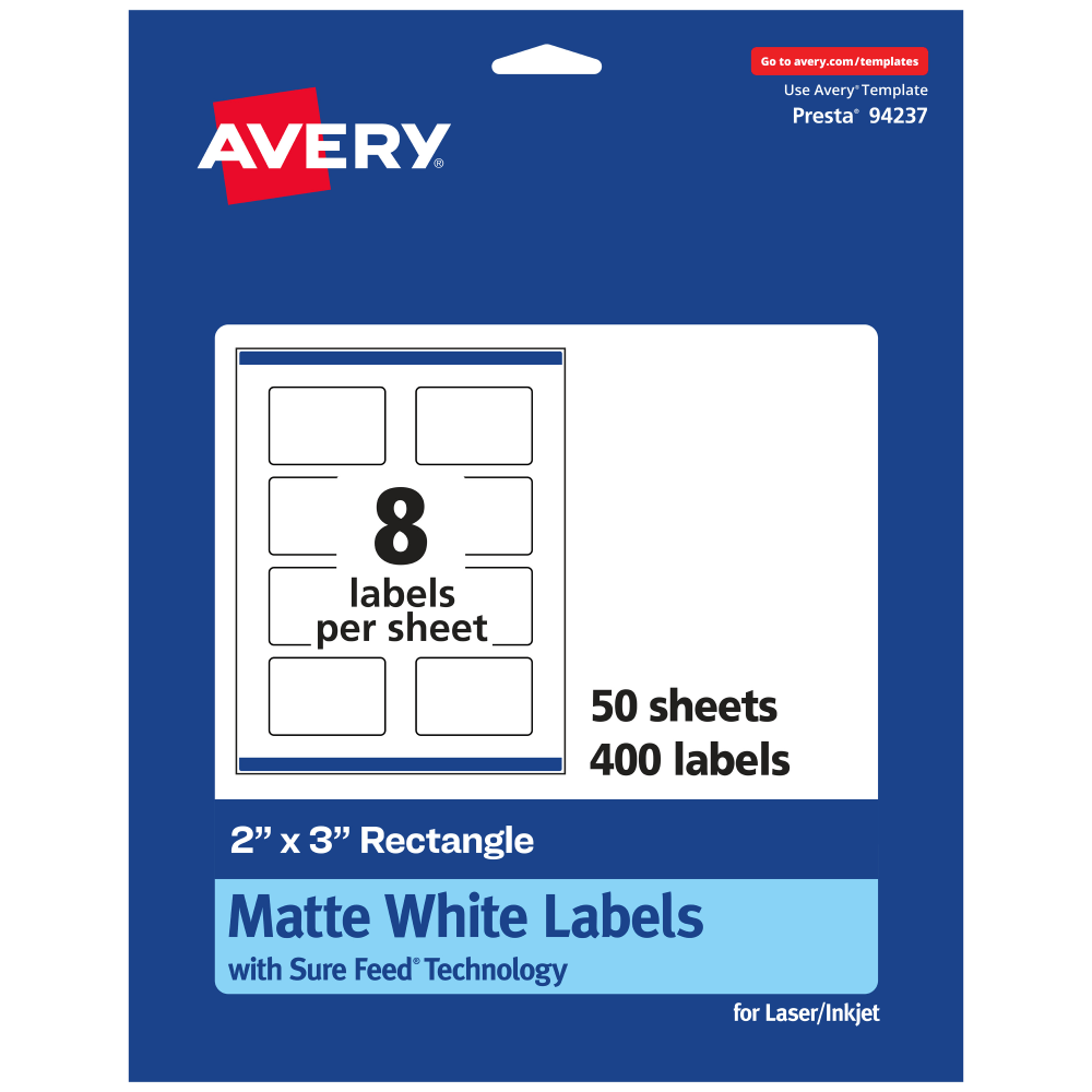 Avery Permanent Labels With Sure Feed, 94237-WMP50, Rectangle, 2in x 3in, White, Pack Of 400