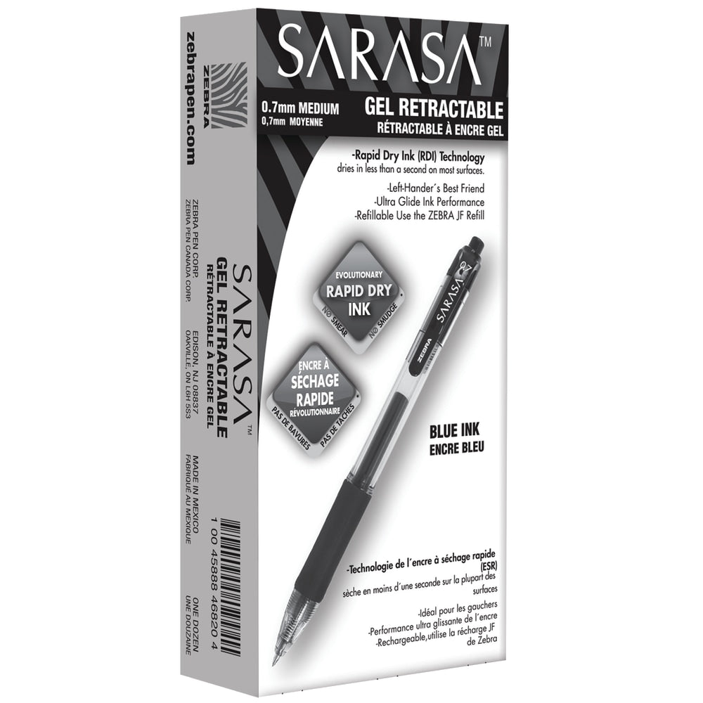 Zebra Pen SARASA Retractable Gel Pens, Pack Of 12, Medium Point, 0.7 mm, Clear Barrel, Blue Ink
