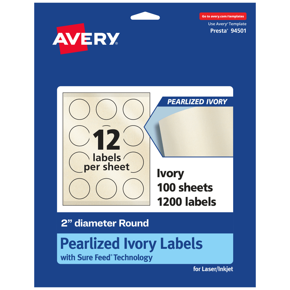 Avery Pearlized Permanent Labels With Sure Feed, 94501-PIP100, Round, 2in Diameter, Ivory, Pack Of 1,200 Labels
